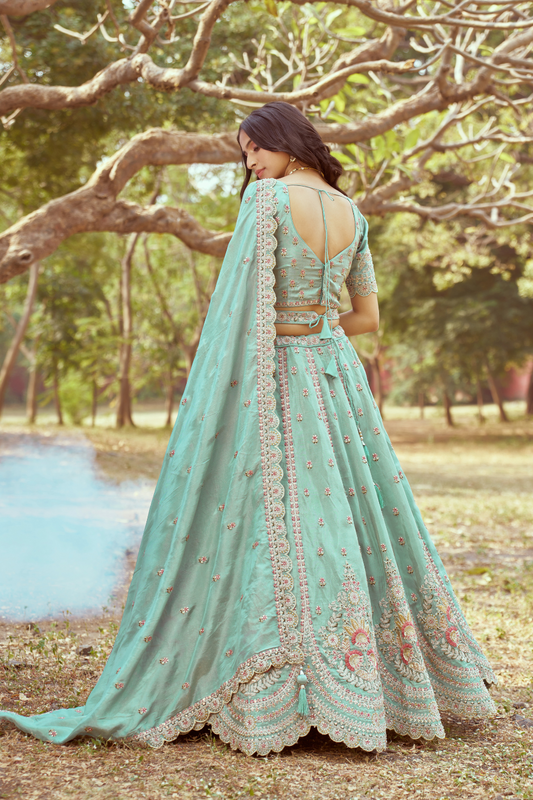 Gold Crushed Tissue Lehenga Choli with Moti and Zari Work