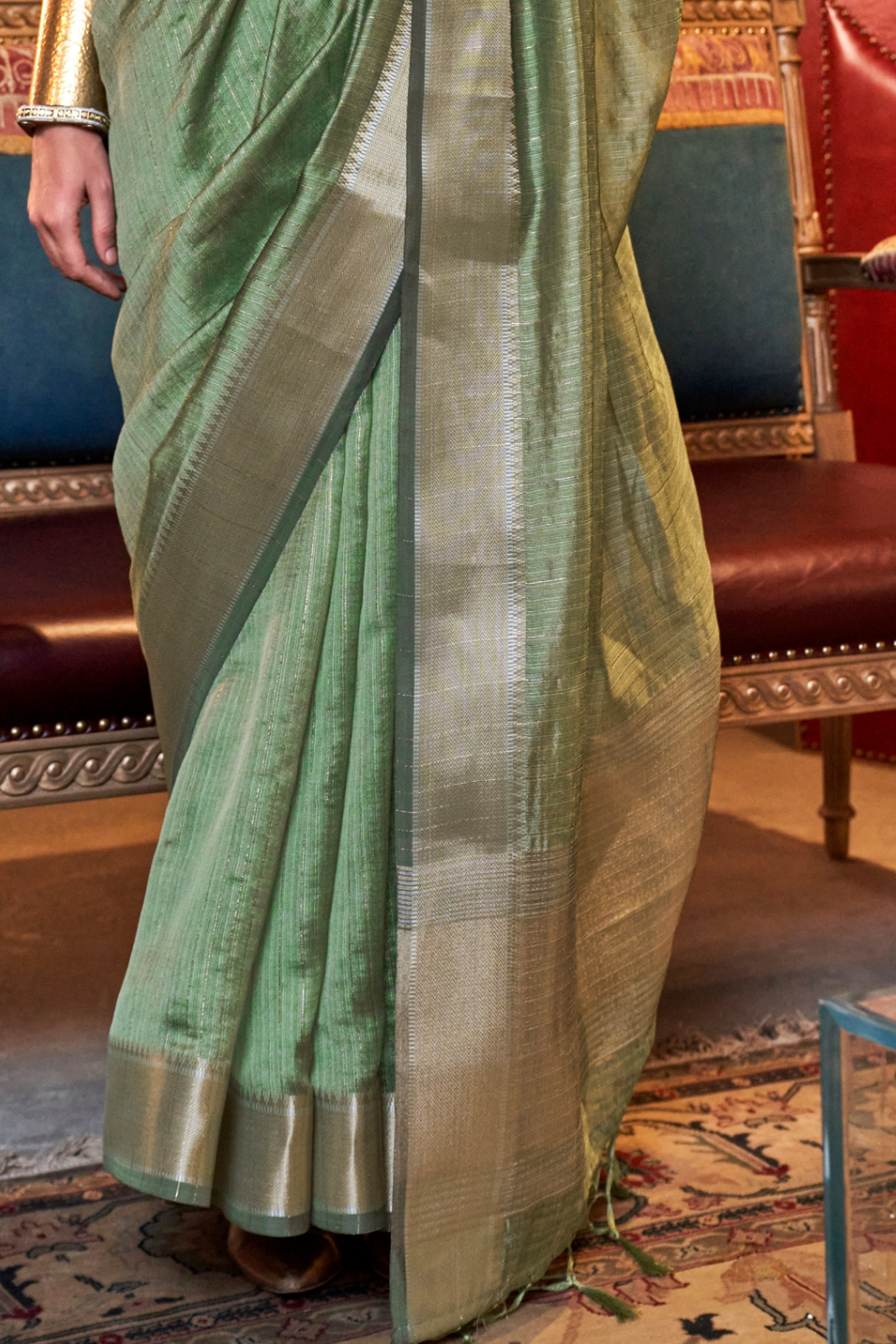 Handwoven Moss Chiffon Saree with Heavy Jacquard Blouse