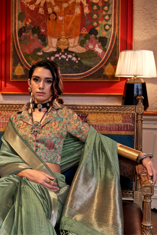 Handwoven Moss Chiffon Saree with Heavy Jacquard Blouse