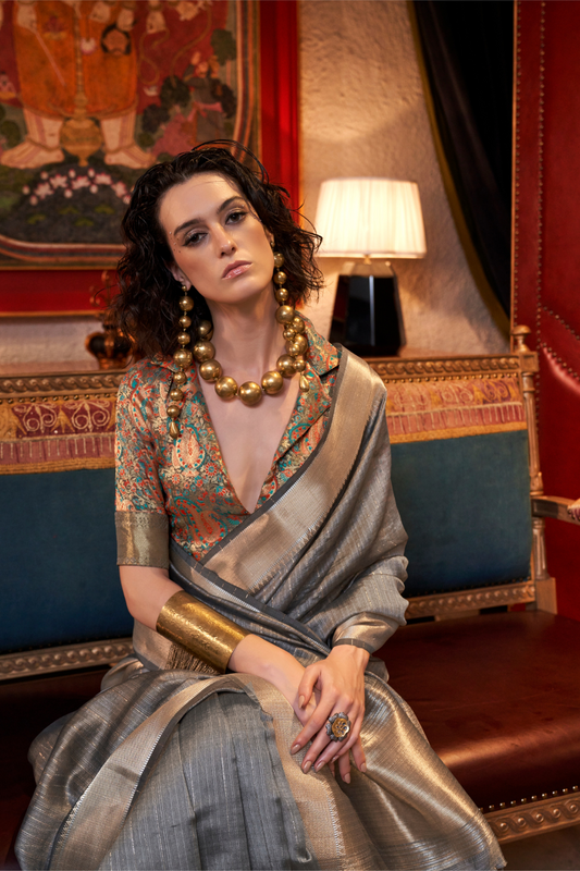 Handwoven Moss Chiffon Saree with Heavy Jacquard Blouse