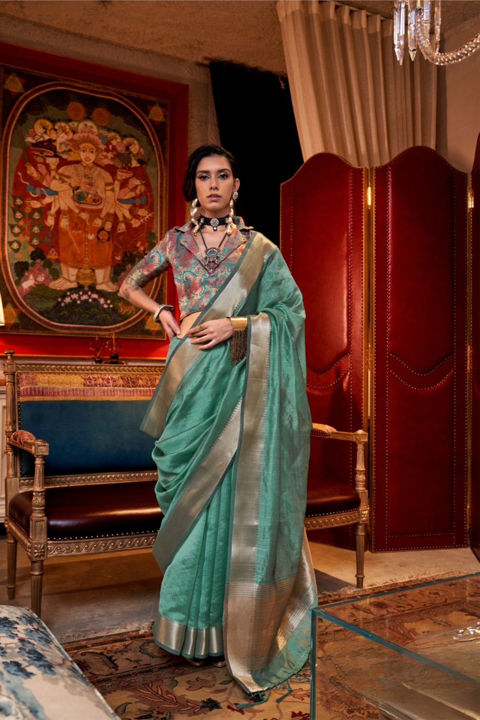Handwoven Moss Chiffon Saree with Heavy Jacquard Blouse