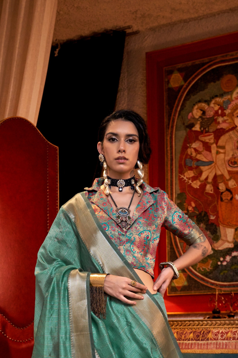 Handwoven Moss Chiffon Saree with Heavy Jacquard Blouse