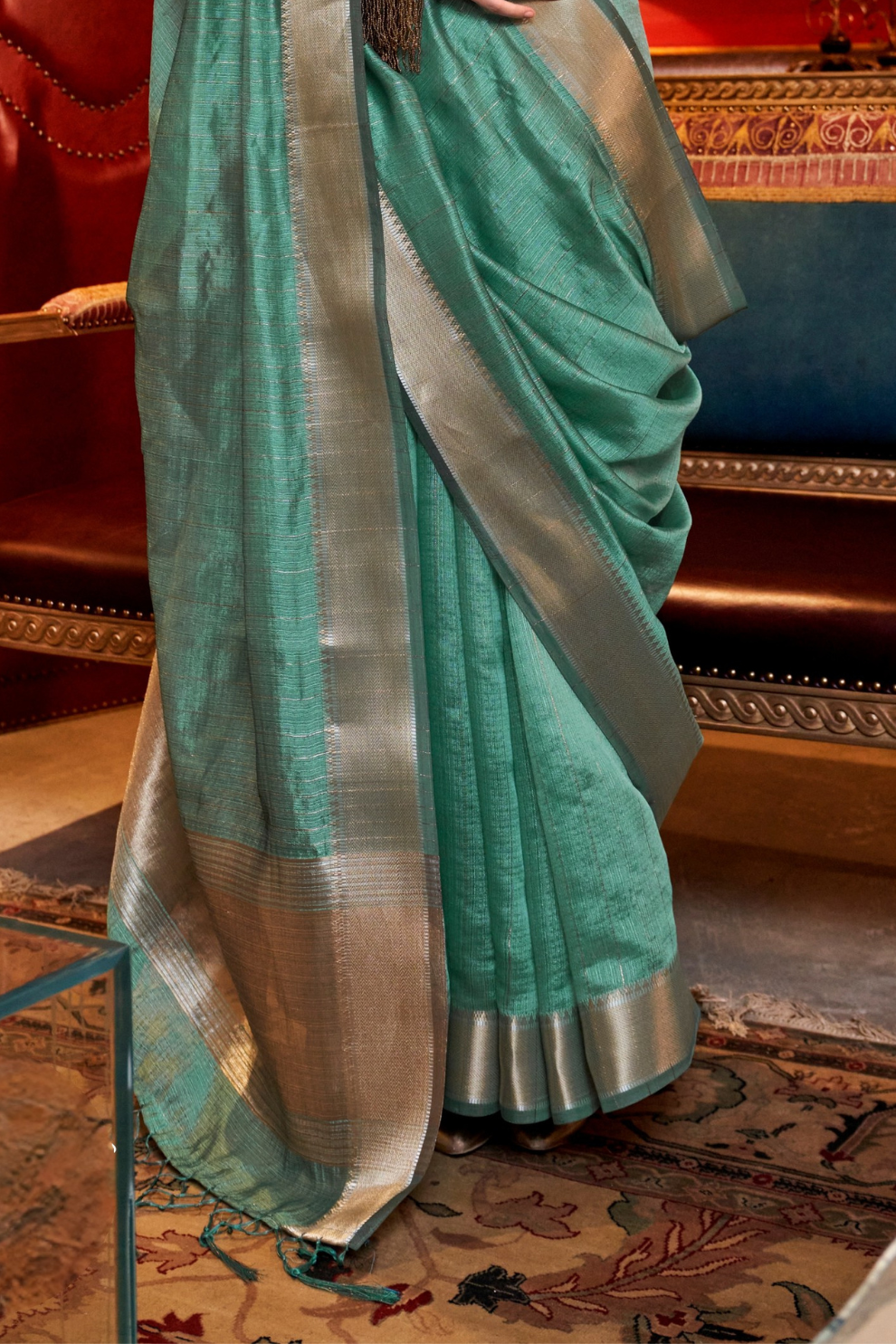 Handwoven Moss Chiffon Saree with Heavy Jacquard Blouse