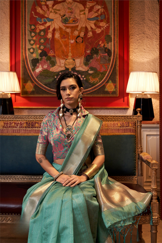 Handwoven Moss Chiffon Saree with Heavy Jacquard Blouse