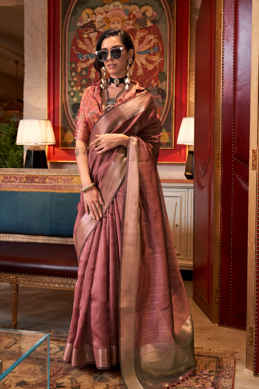 Handwoven Moss Chiffon Saree with Heavy Jacquard Blouse