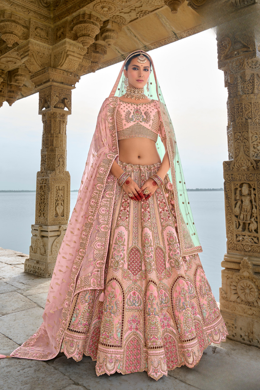 Lehenga Choli de seda de diseñador en color azul turquesa, lista para usar, con brillo y detalles de espejo