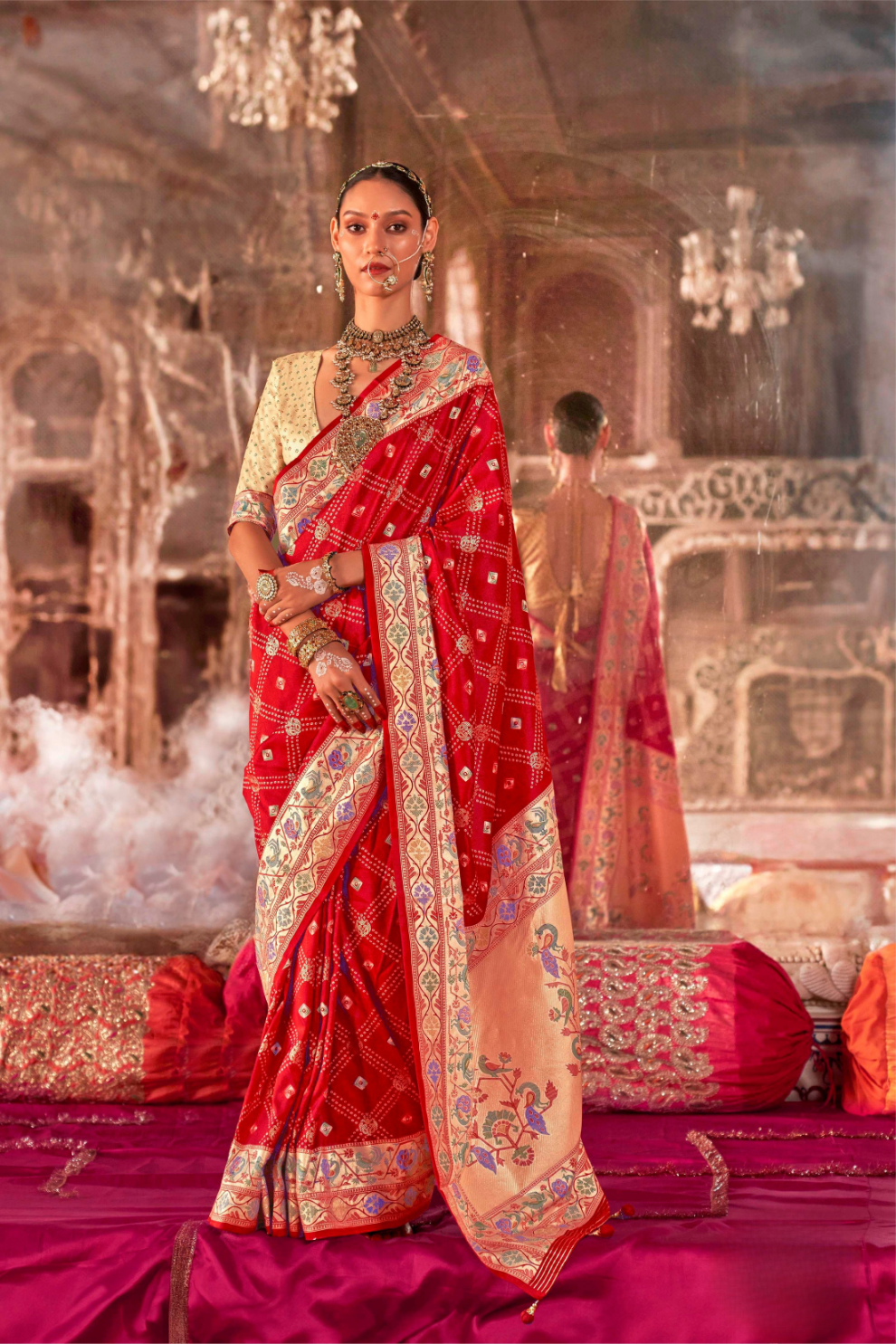Soft Polyester Viscose Silk Saree with Print Bandhani & Paithani Design - LaVante Fashion