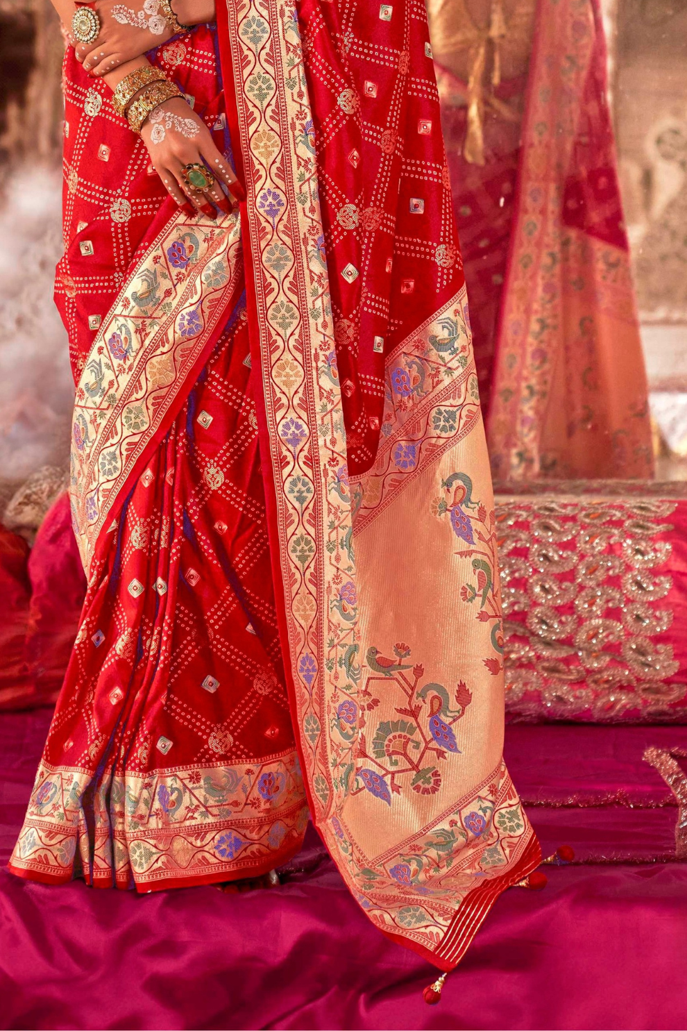 Soft Polyester Viscose Silk Saree with Print Bandhani & Paithani Design - LaVante Fashion