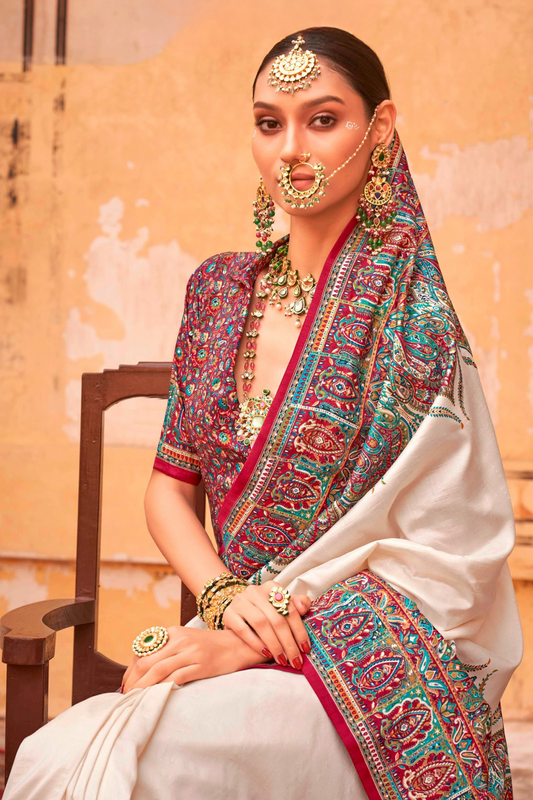 Pure Polyester Viscose Silk Saree with Hand Block Print