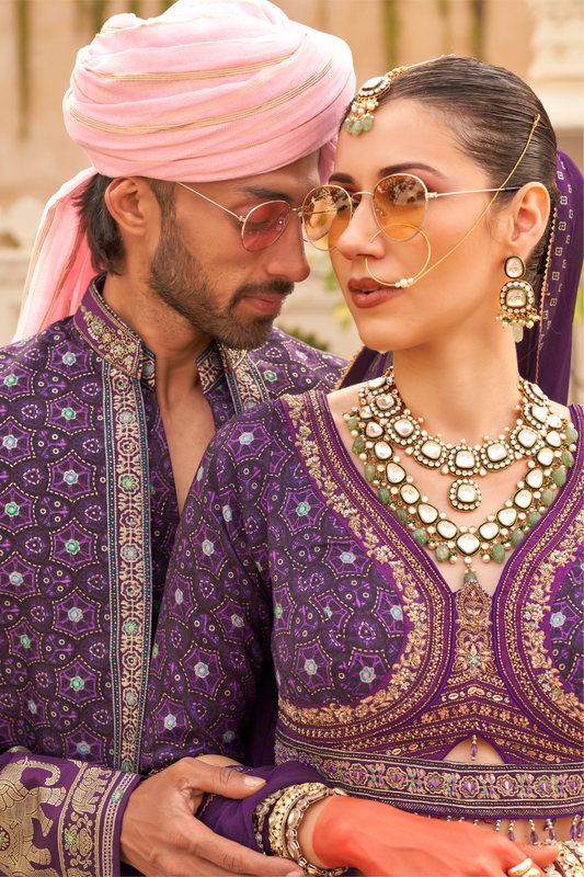 Regal Purple Bridal Lehenga & Floral Print Kurta Set for Couple
