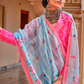 Graceful Linen Kora Saree with Woven Checks & Floral Elegance - LaVante Fashion