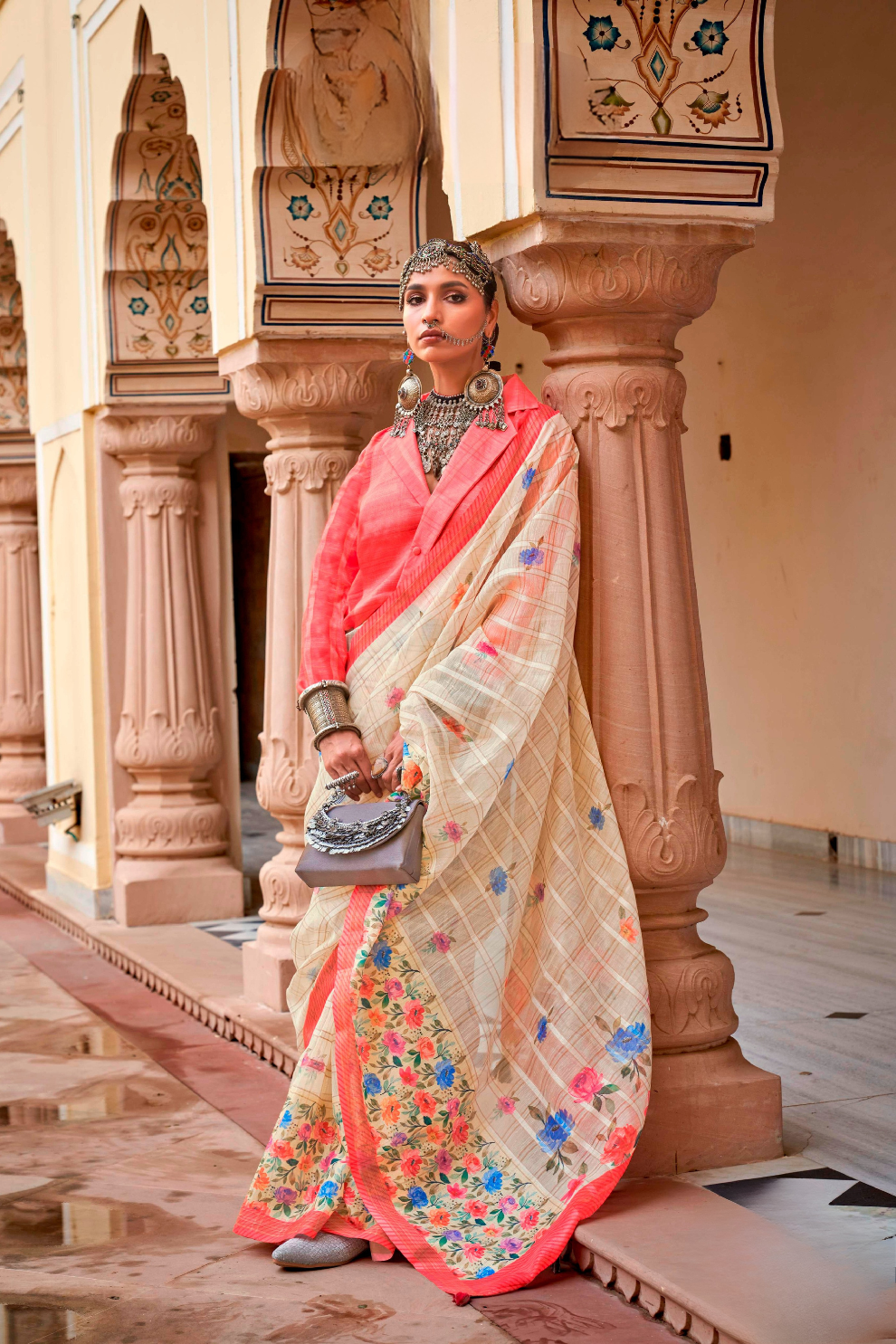 Graceful Linen Kora Saree with Woven Checks & Floral Elegance - LaVante Fashion