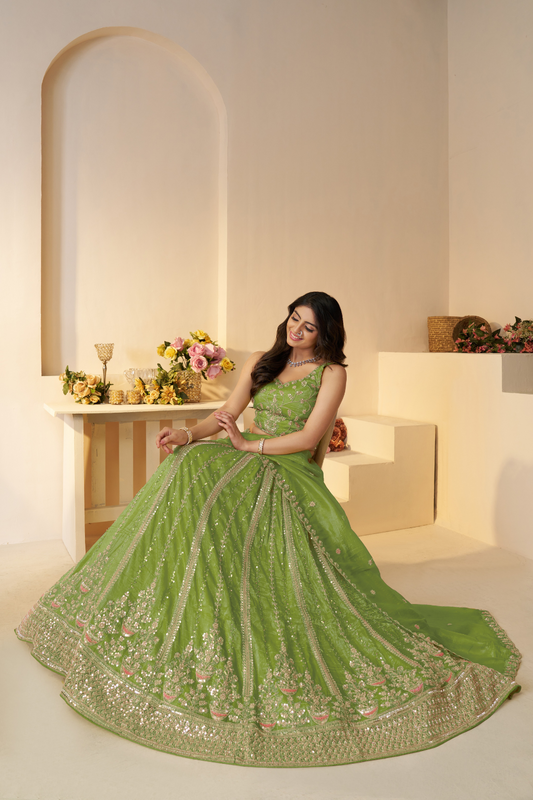 Elegant Designer Mehendi Lehenga with Intricate Sequins and Cut Dana Detailing