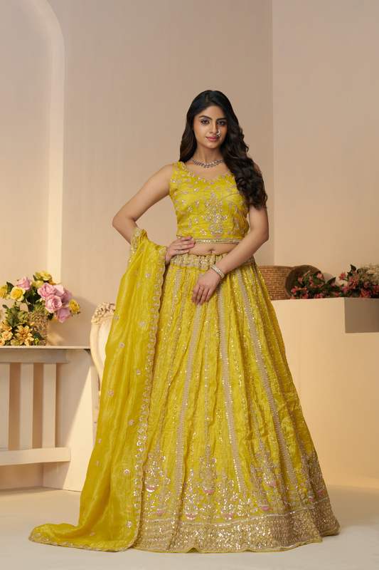 Elegant Designer Mehendi Lehenga with Intricate Sequins and Cut Dana Detailing
