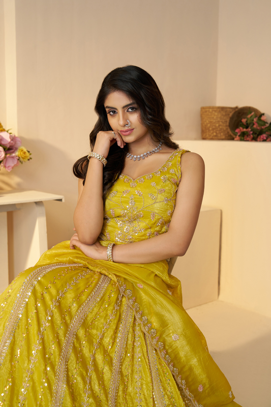 Elegant Designer Mehendi Lehenga with Intricate Sequins and Cut Dana Detailing
