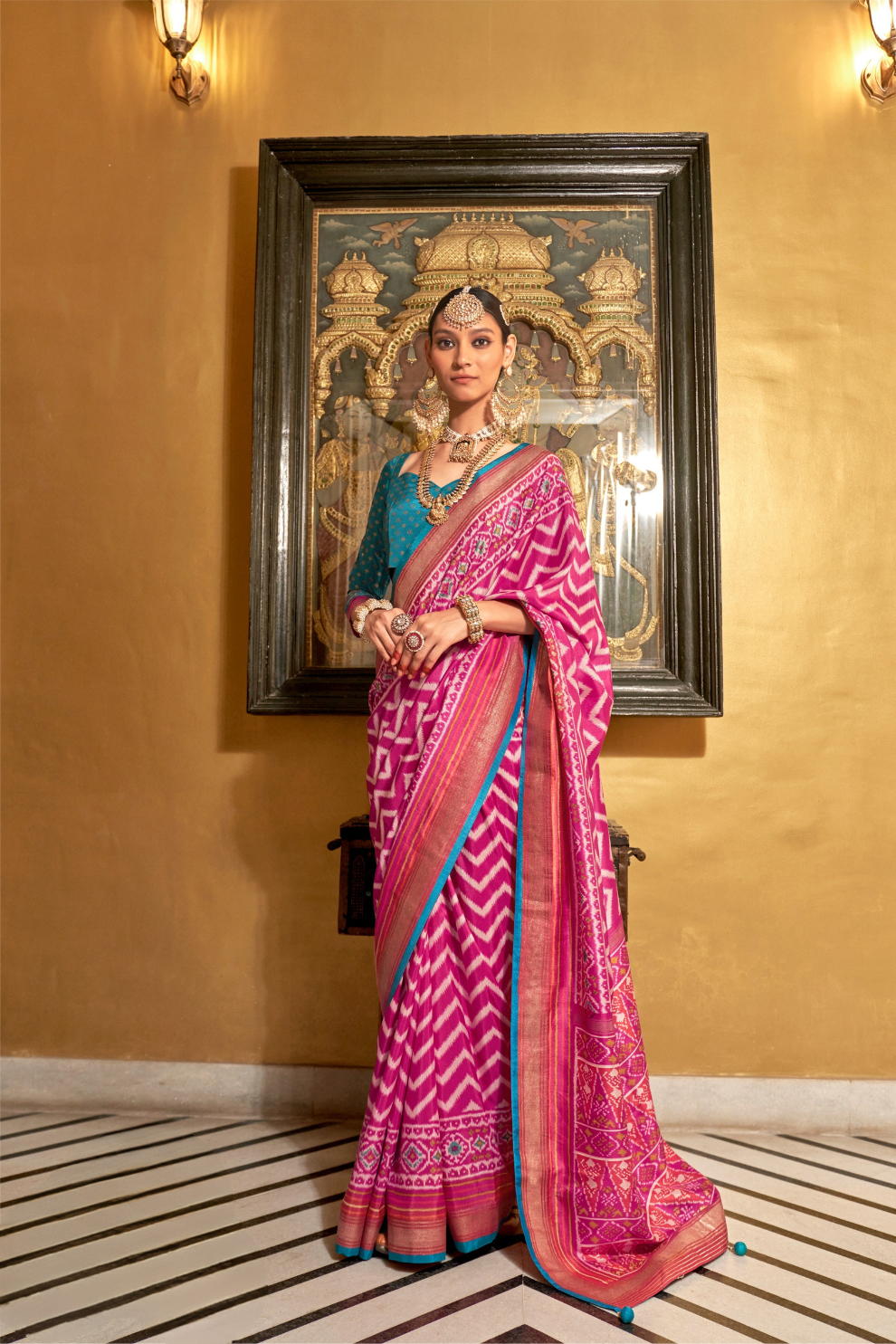 Gold Printed Patola Style Saree in Premium Sigma Silk