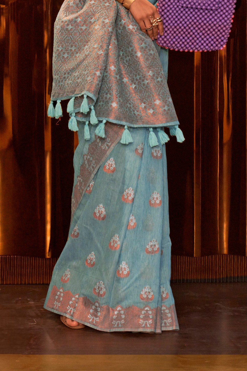 Multi Pure Linen Saree with Copper Zari Weaving Elegance