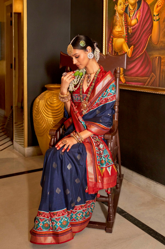 Mercerized Sigma Silk Saree with Patola Design and Gold Print