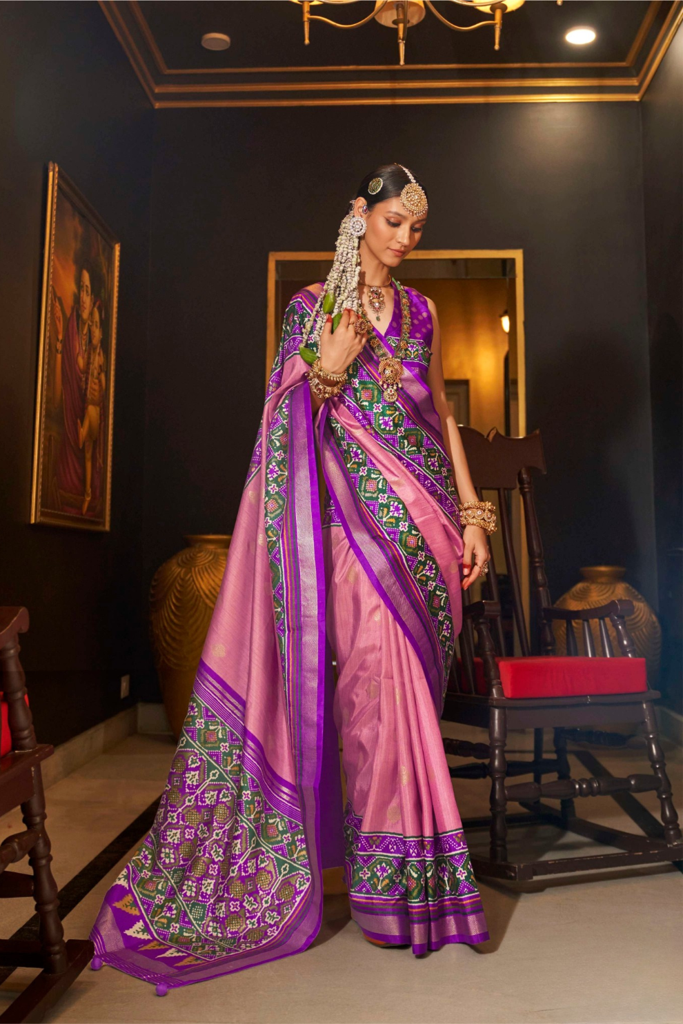 Mercerized Sigma Silk Saree with Patola Design and Gold Print