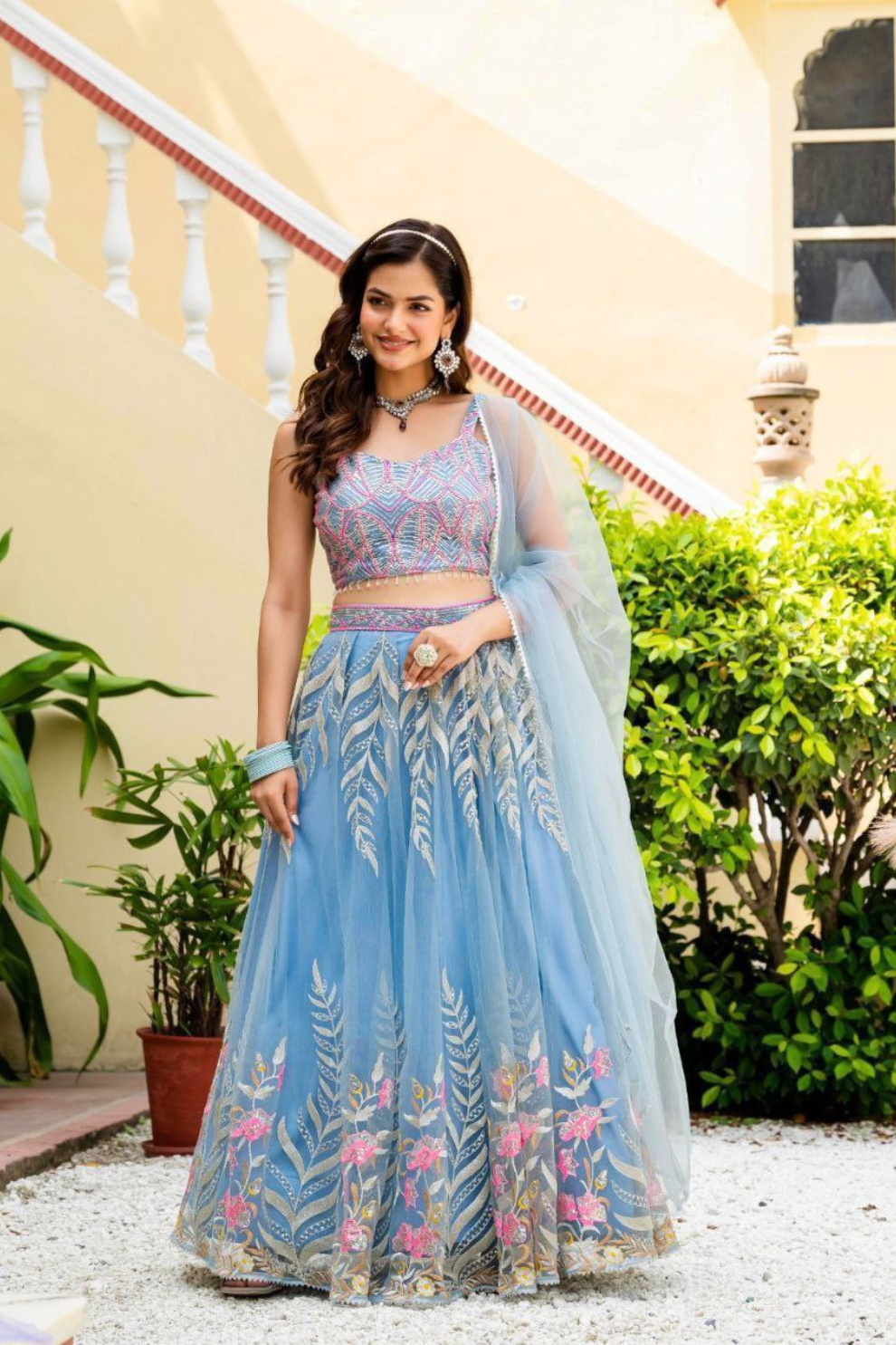 Premium Light Blue Lehenga Set with Elegant Net Dupatta