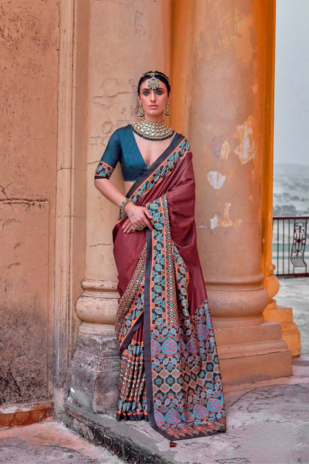Polyester Viscose Silk Saree with Exclusive Ajrakh Print