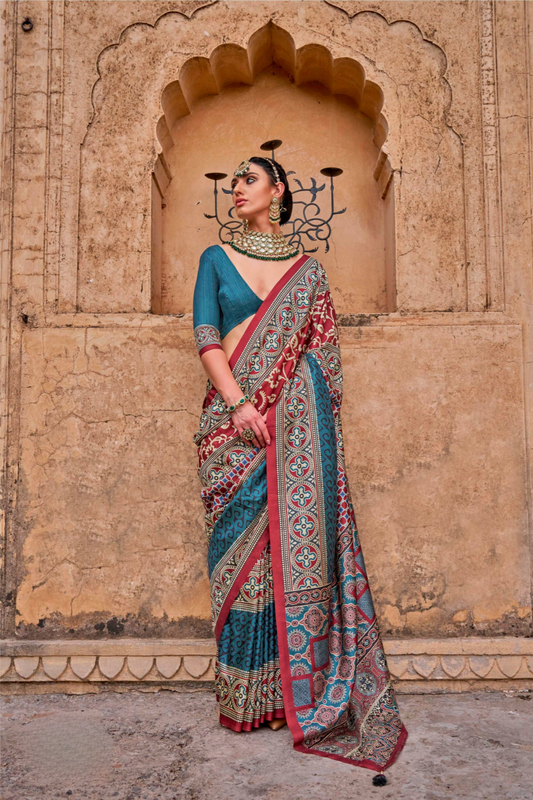 Polyester Viscose Silk Saree with Exclusive Ajrakh Print