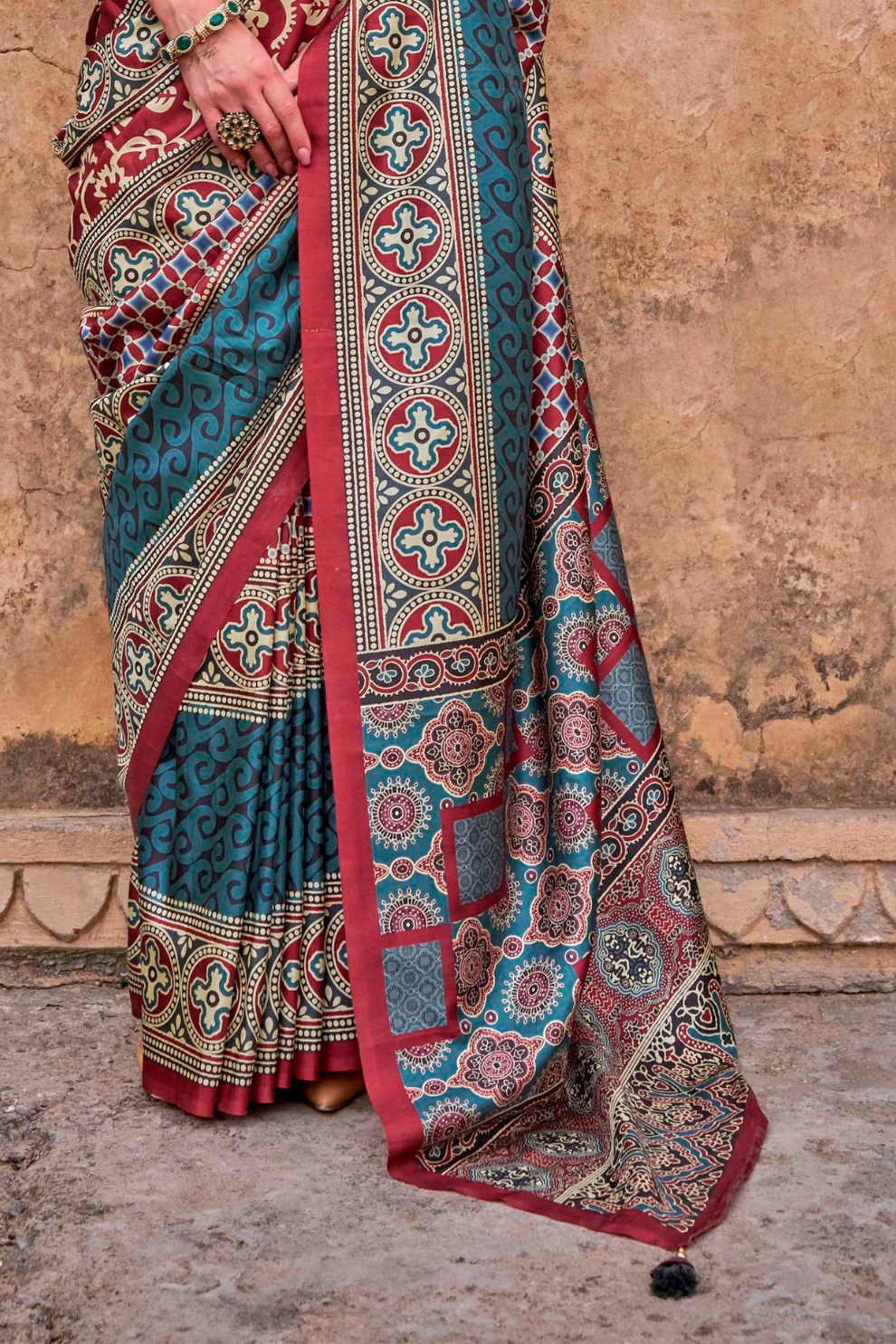 Polyester Viscose Silk Saree with Exclusive Ajrakh Print