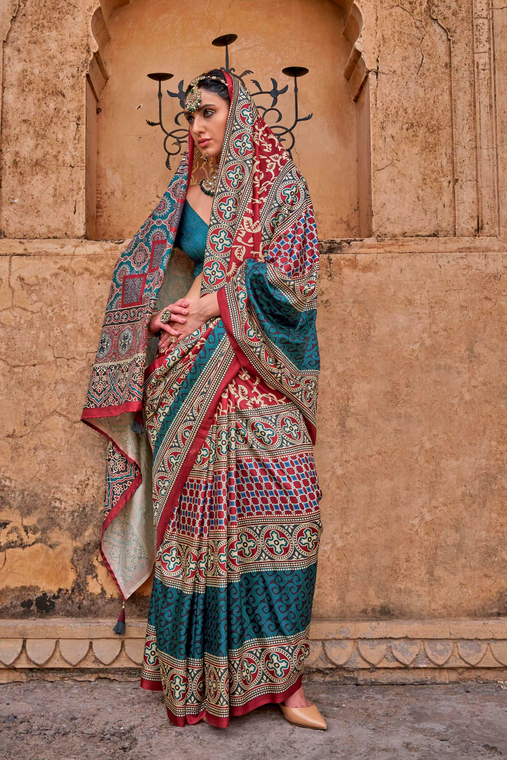 Polyester Viscose Silk Saree with Exclusive Ajrakh Print