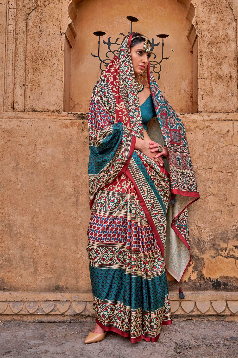 Polyester Viscose Silk Saree with Exclusive Ajrakh Print
