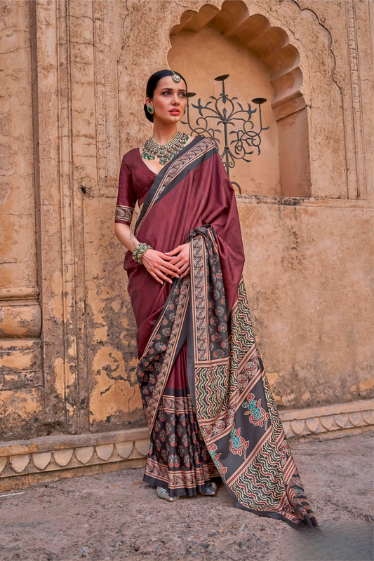 Polyester Viscose Silk Saree with Exclusive Ajrakh Print