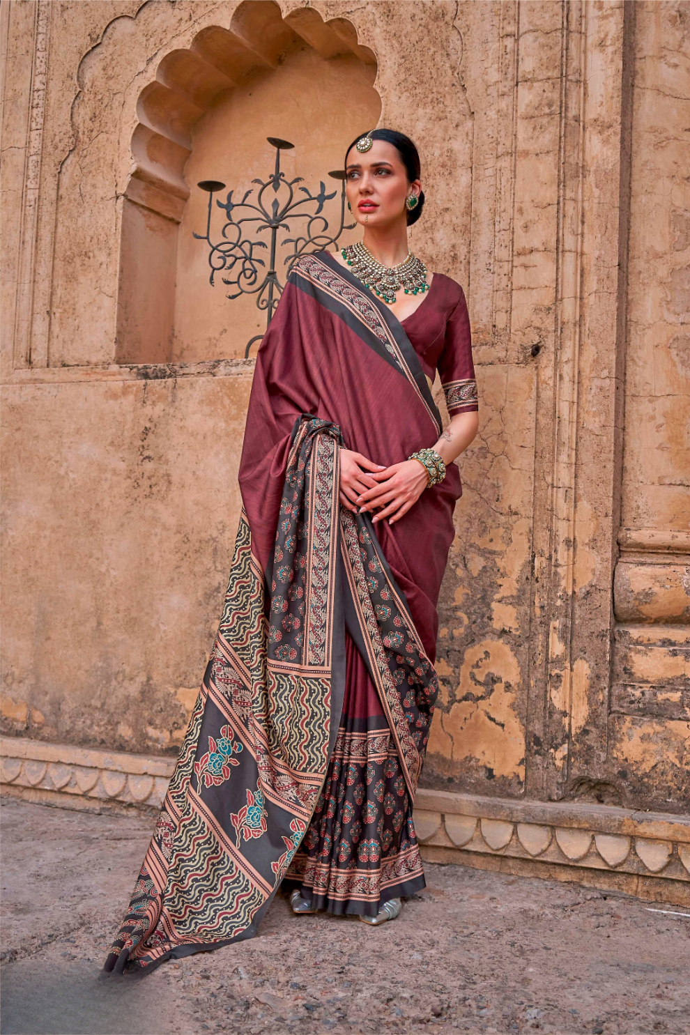 Polyester Viscose Silk Saree with Exclusive Ajrakh Print