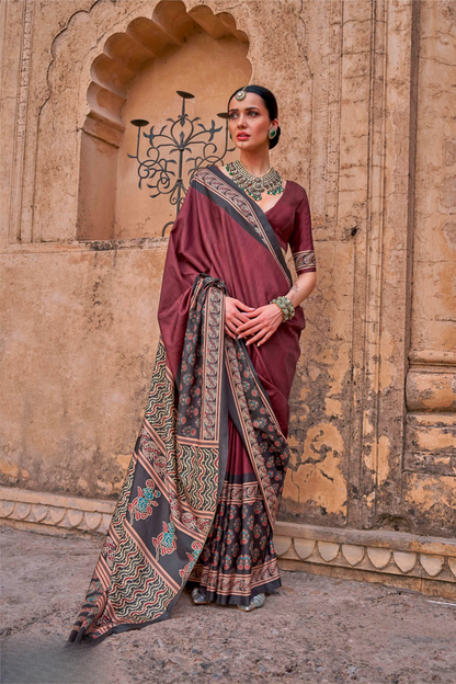 Polyester Viscose Silk Saree with Exclusive Ajrakh Print