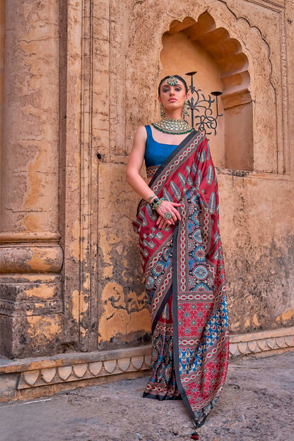 Polyester Viscose Silk Saree with Exclusive Ajrakh Print