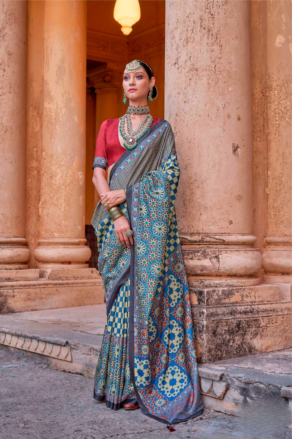 Polyester Viscose Silk Saree with Exclusive Ajrakh Print