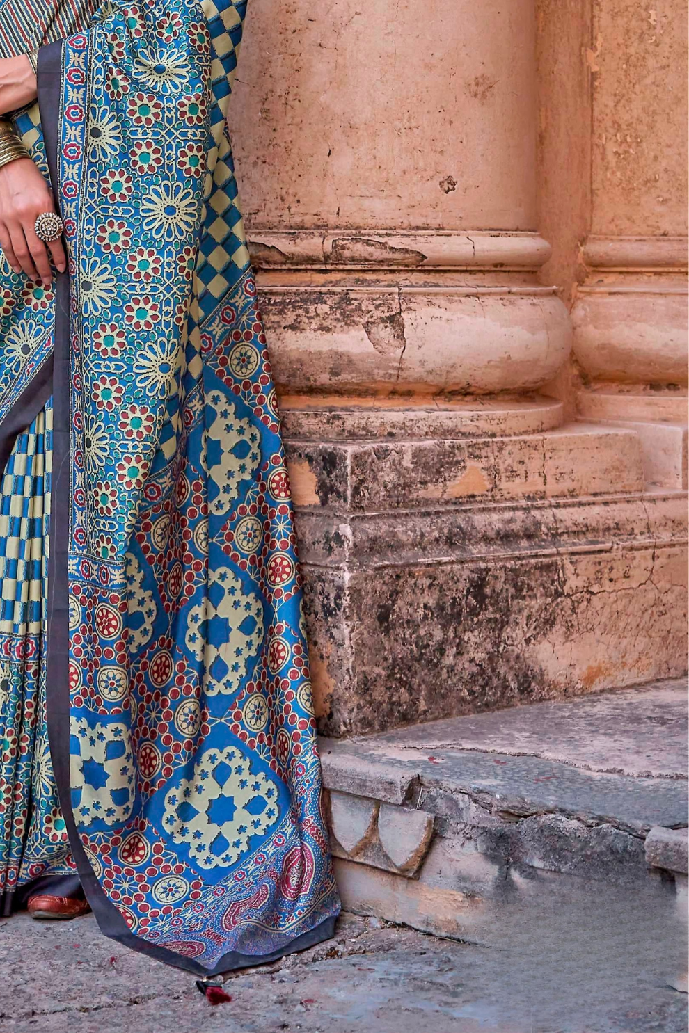 Polyester Viscose Silk Saree with Exclusive Ajrakh Print