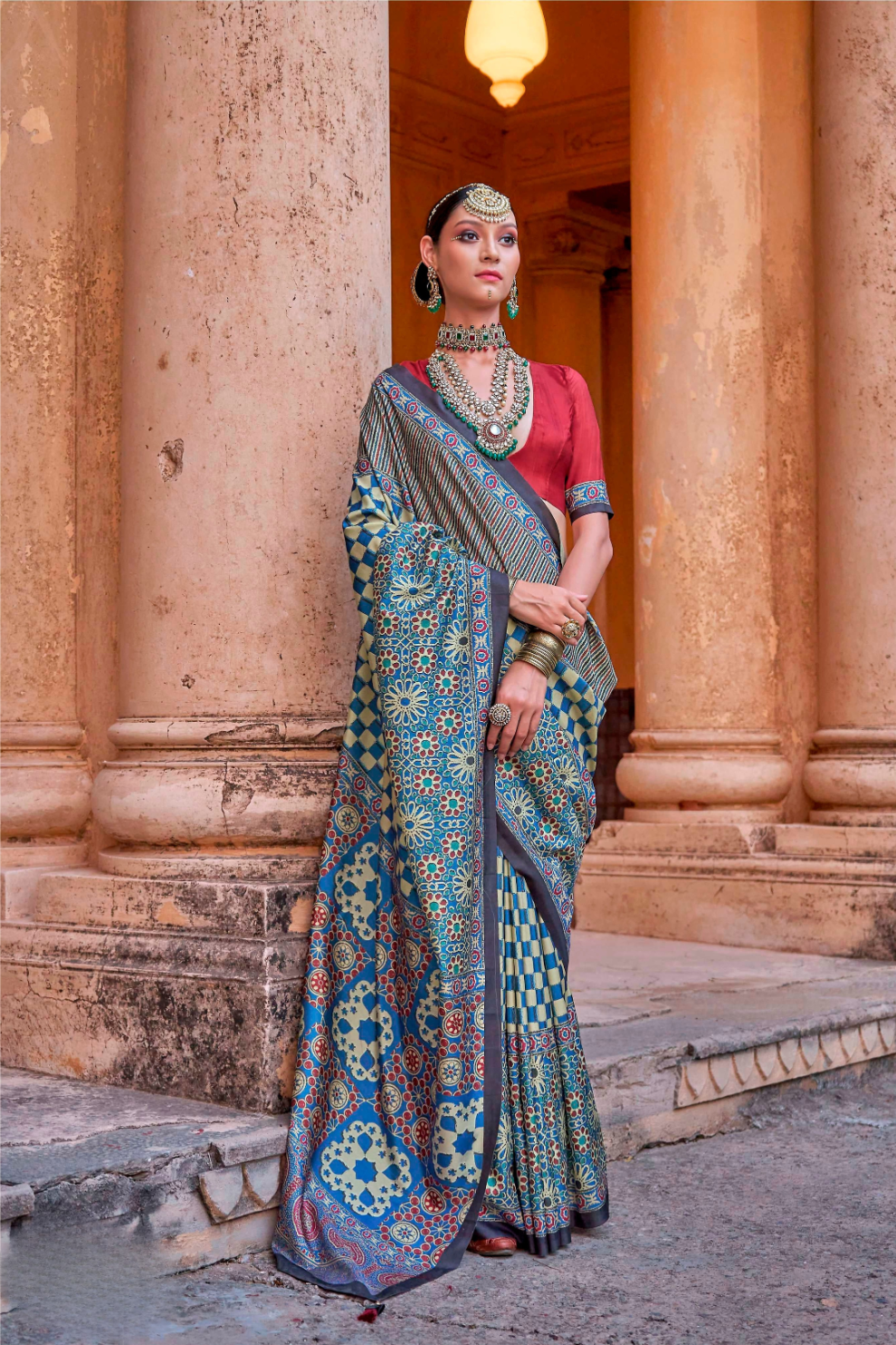 Polyester Viscose Silk Saree with Exclusive Ajrakh Print