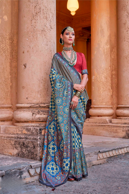 Polyester Viscose Silk Saree with Exclusive Ajrakh Print