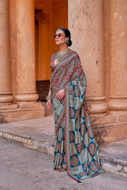 Polyester Viscose Silk Saree with Exclusive Ajrakh Print