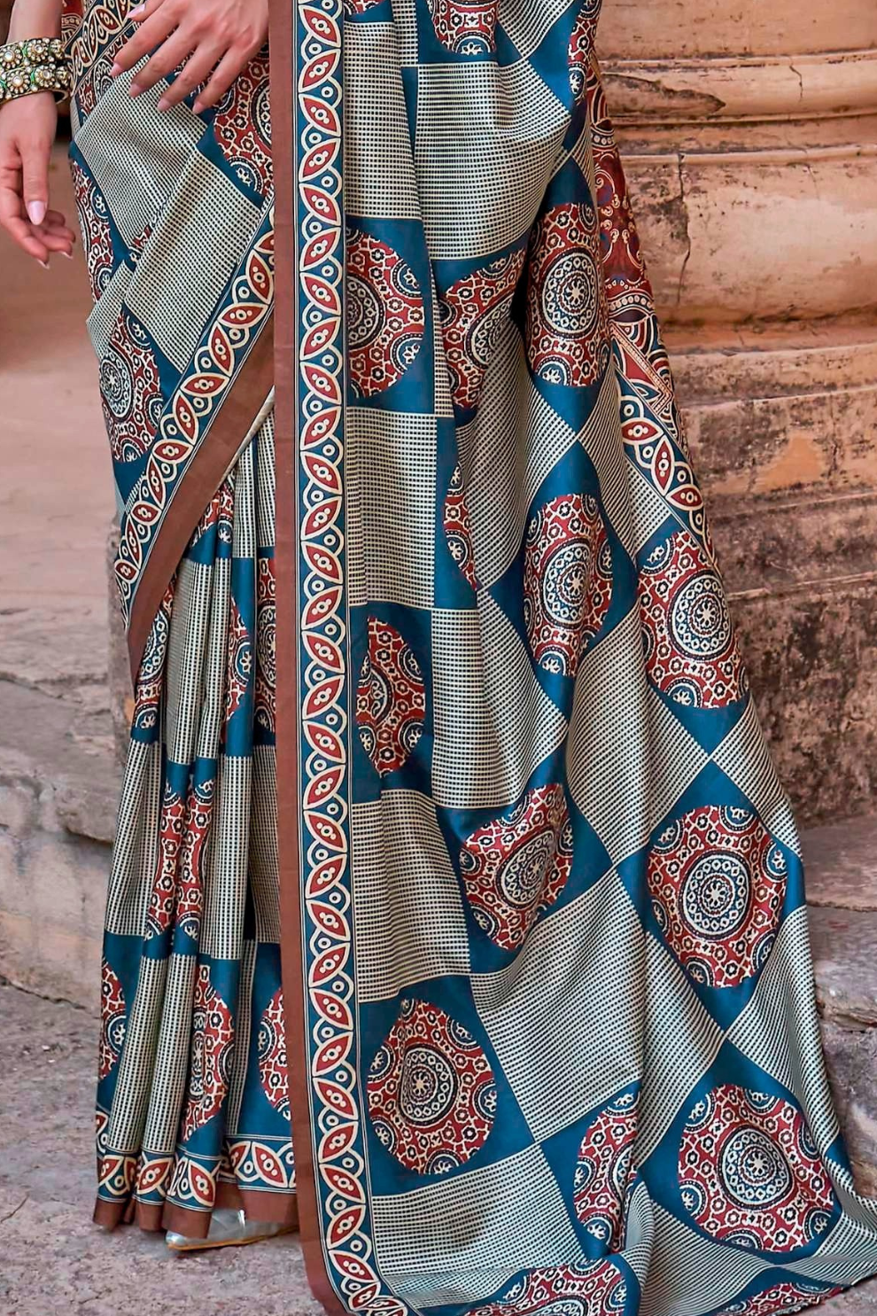Polyester Viscose Silk Saree with Exclusive Ajrakh Print