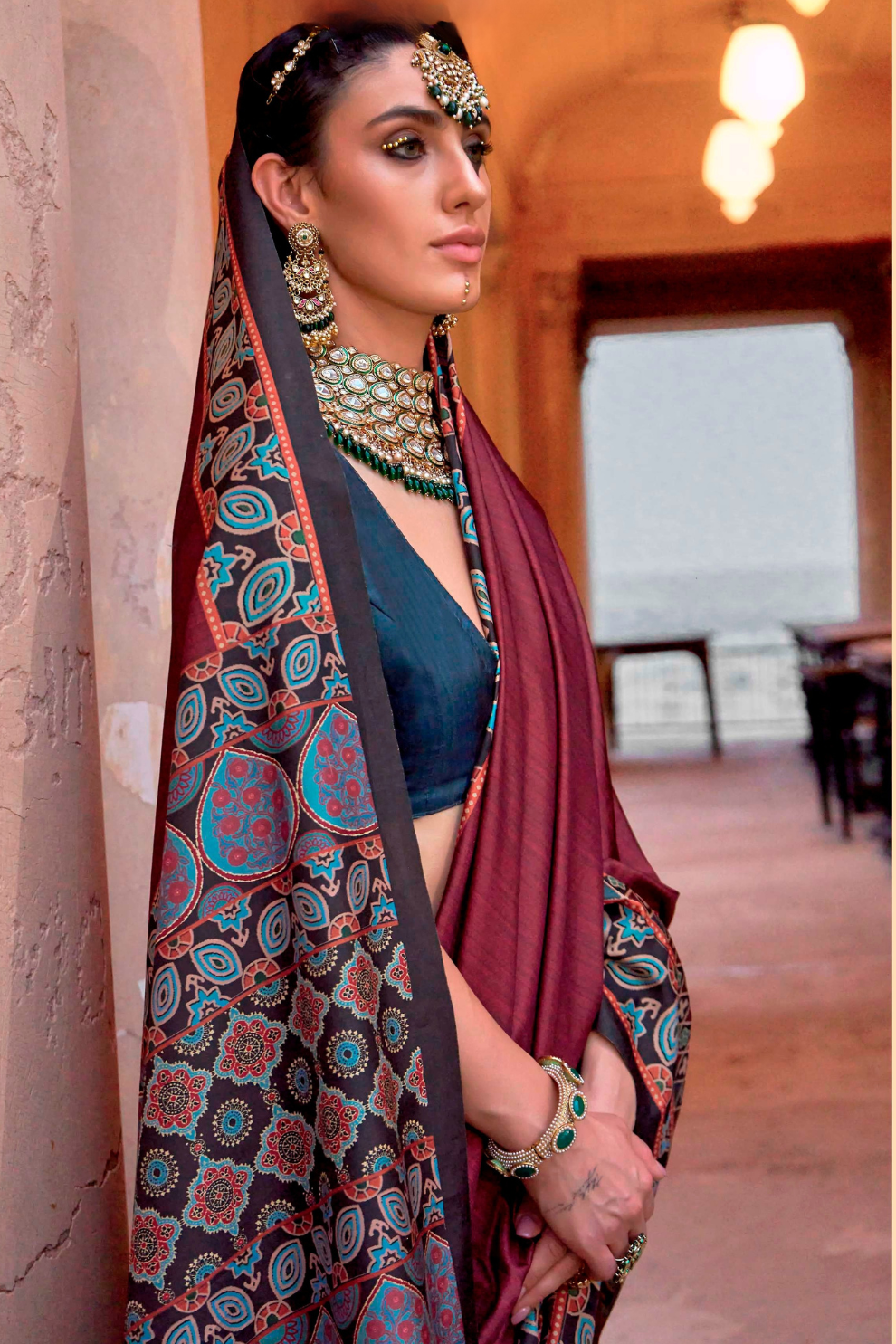 Polyester Viscose Silk Saree with Exclusive Ajrakh Print