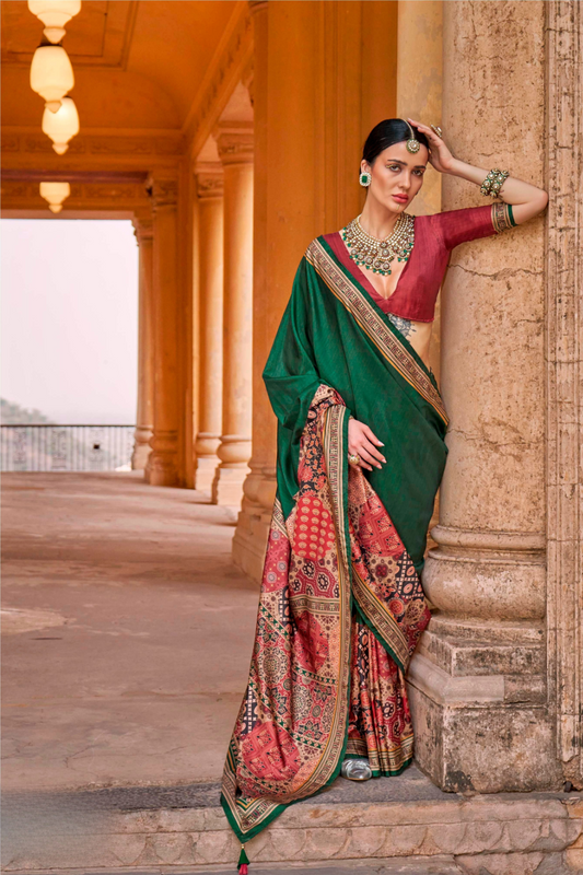 Polyester Viscose Silk Saree with Exclusive Ajrakh Print