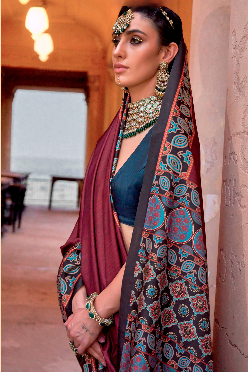 Polyester Viscose Silk Saree with Exclusive Ajrakh Print