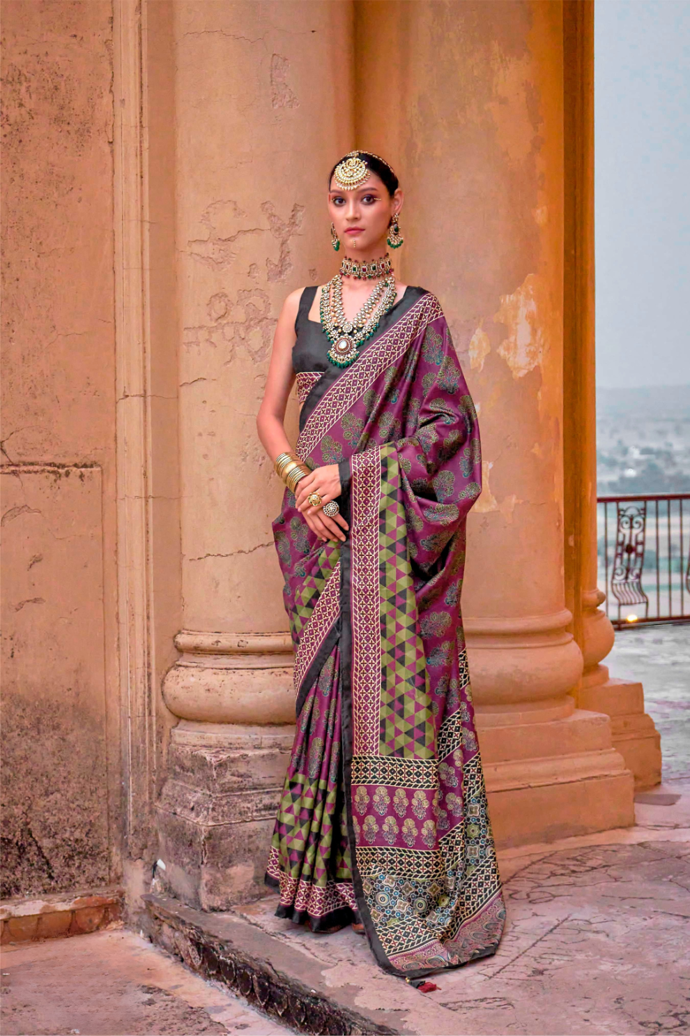Polyester Viscose Silk Saree with Exclusive Ajrakh Print
