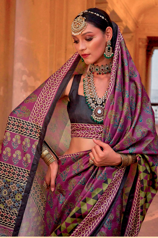 Polyester Viscose Silk Saree with Exclusive Ajrakh Print
