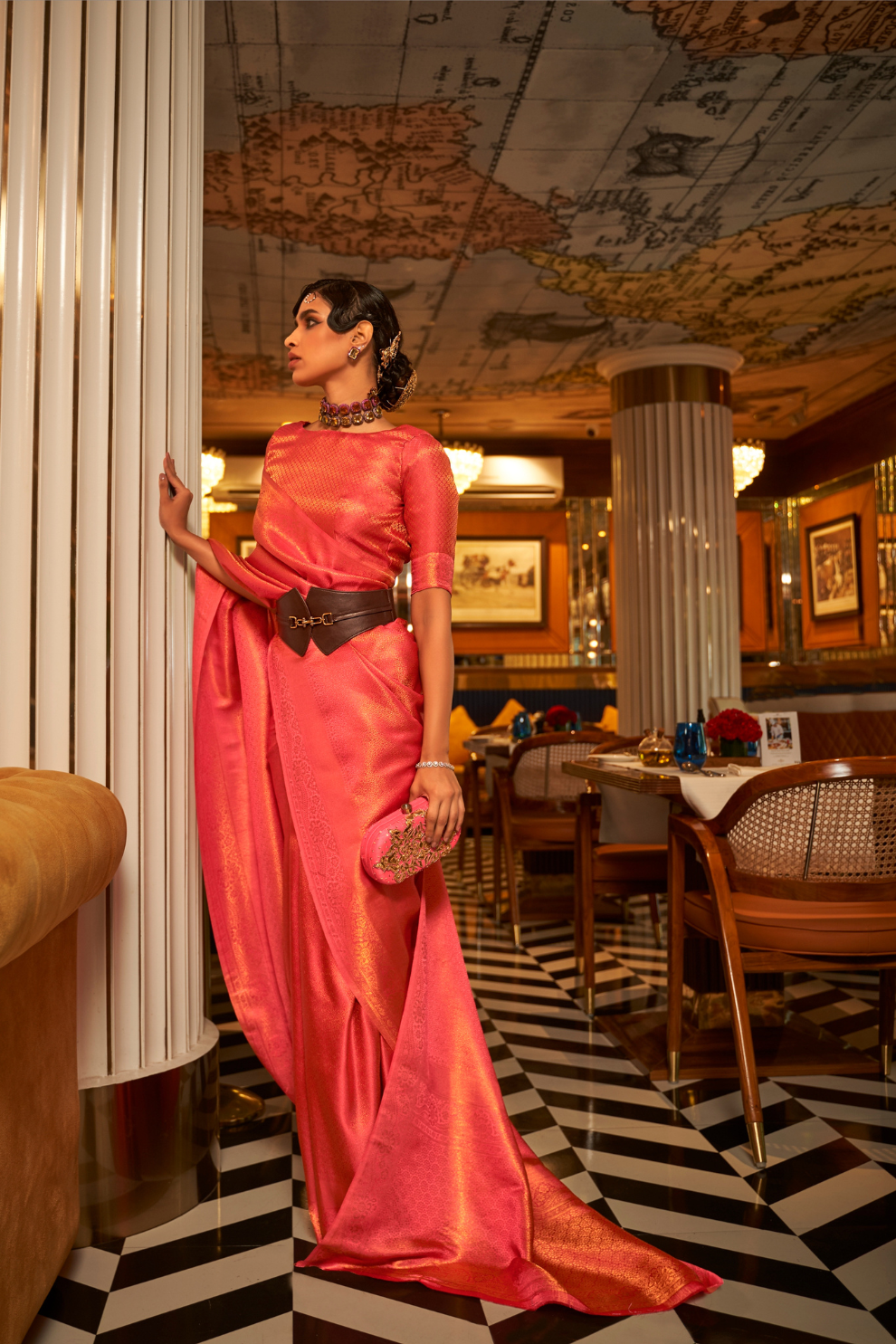 Nylon Satin Saree with Copper Zari Weaving Elegance
