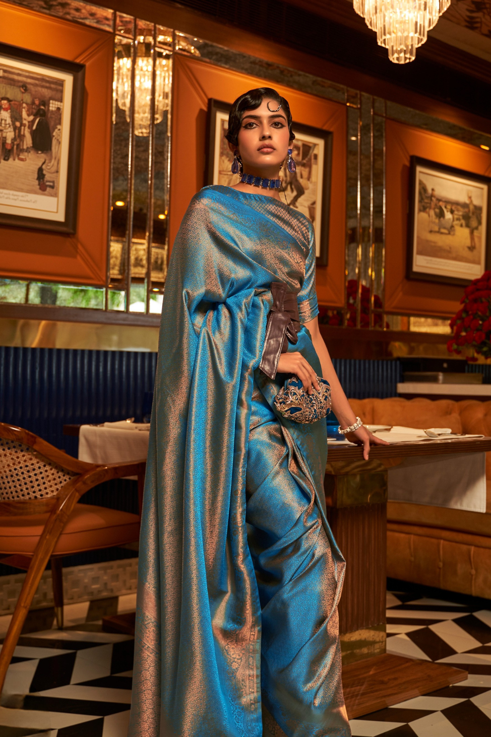 Nylon Satin Saree with Copper Zari Weaving Elegance