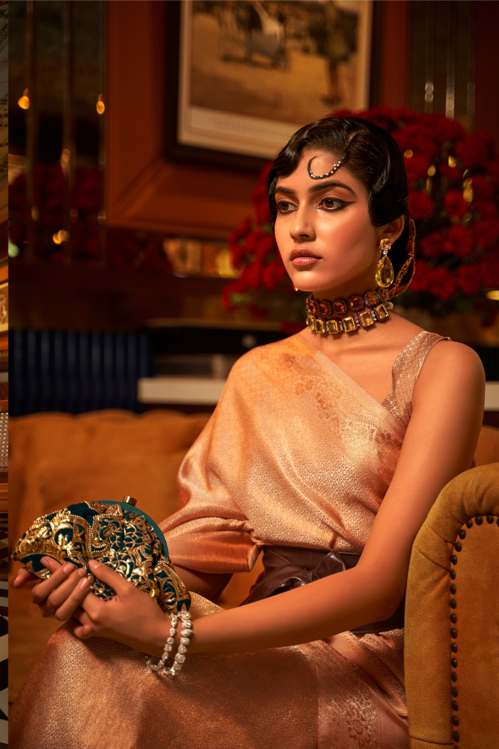 Nylon Satin Saree with Copper Zari Weaving Elegance