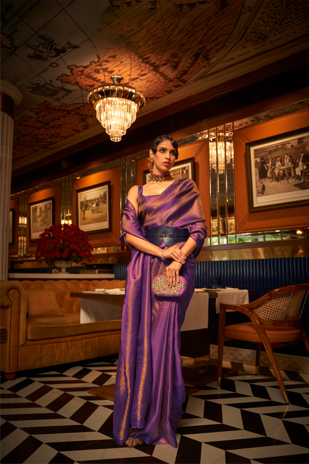 Nylon Satin Saree with Copper Zari Weaving Elegance