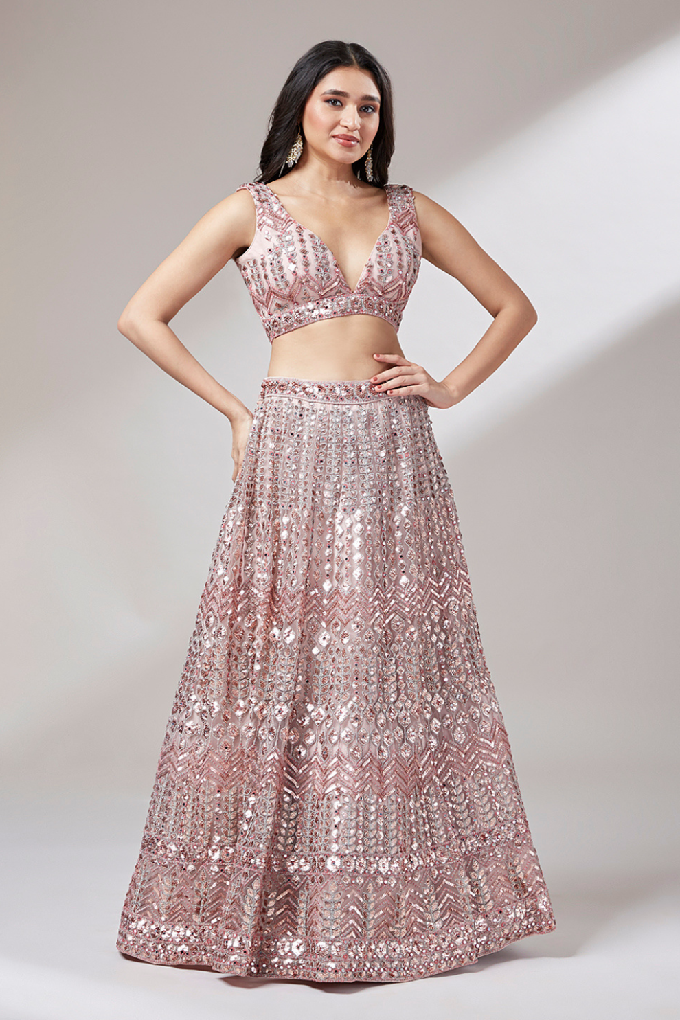 Elegant Mirror & Sequin Embroidered Net Party Lehenga