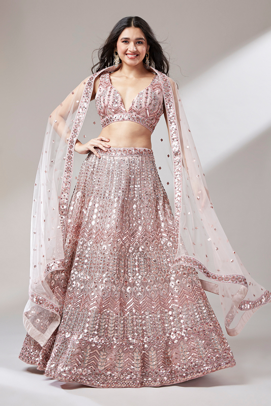 Elegant Mirror & Sequin Embroidered Net Party Lehenga
